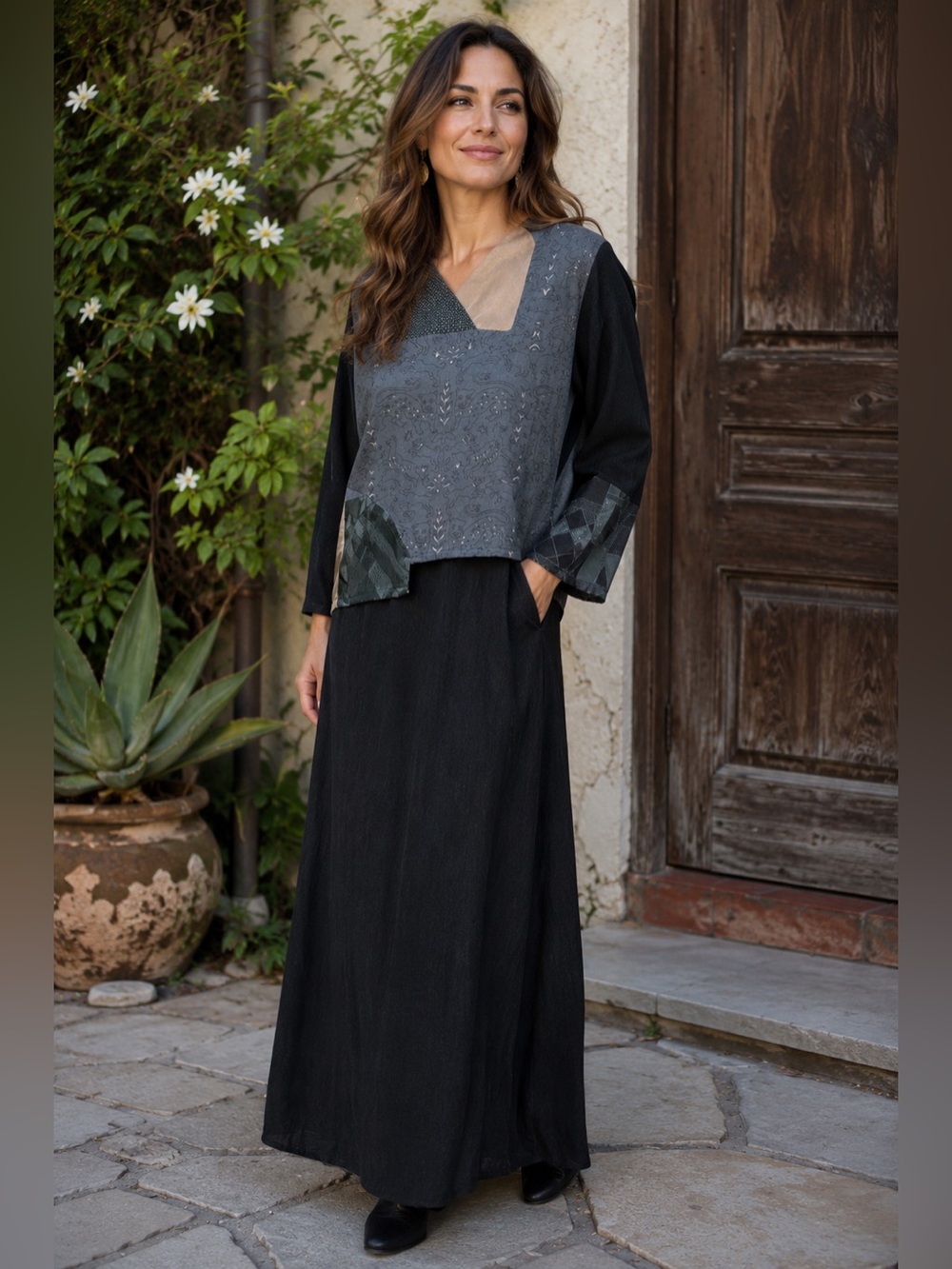 Donna Jessica Art to Wear Patchwork Maxi Dress Size 1 Small Gray Black USA